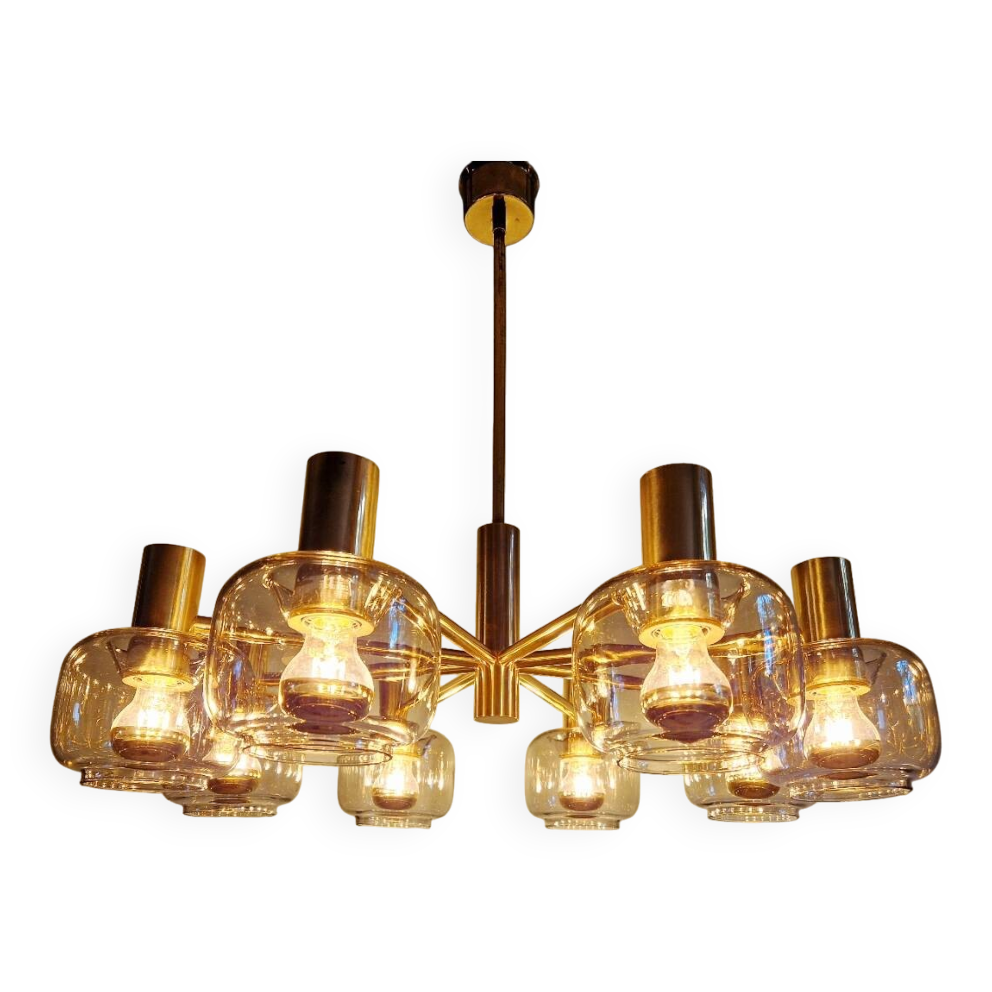 Large designer chandelier in brass and smoked glass globes, 1970s