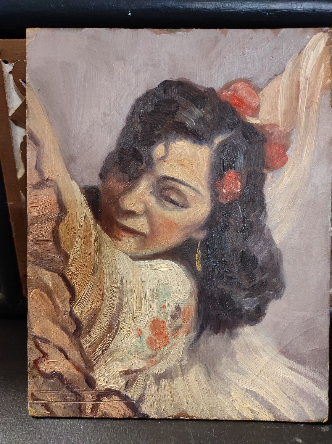 Portrait painting woman gypsy oil 30s signed