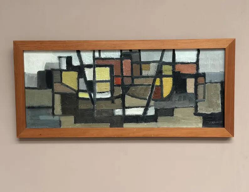 Original Swedish Oil on Canvas – “Abstract Composition” – Signed – Dated 1959 – Vintage & Framed – 77 × 35 cm