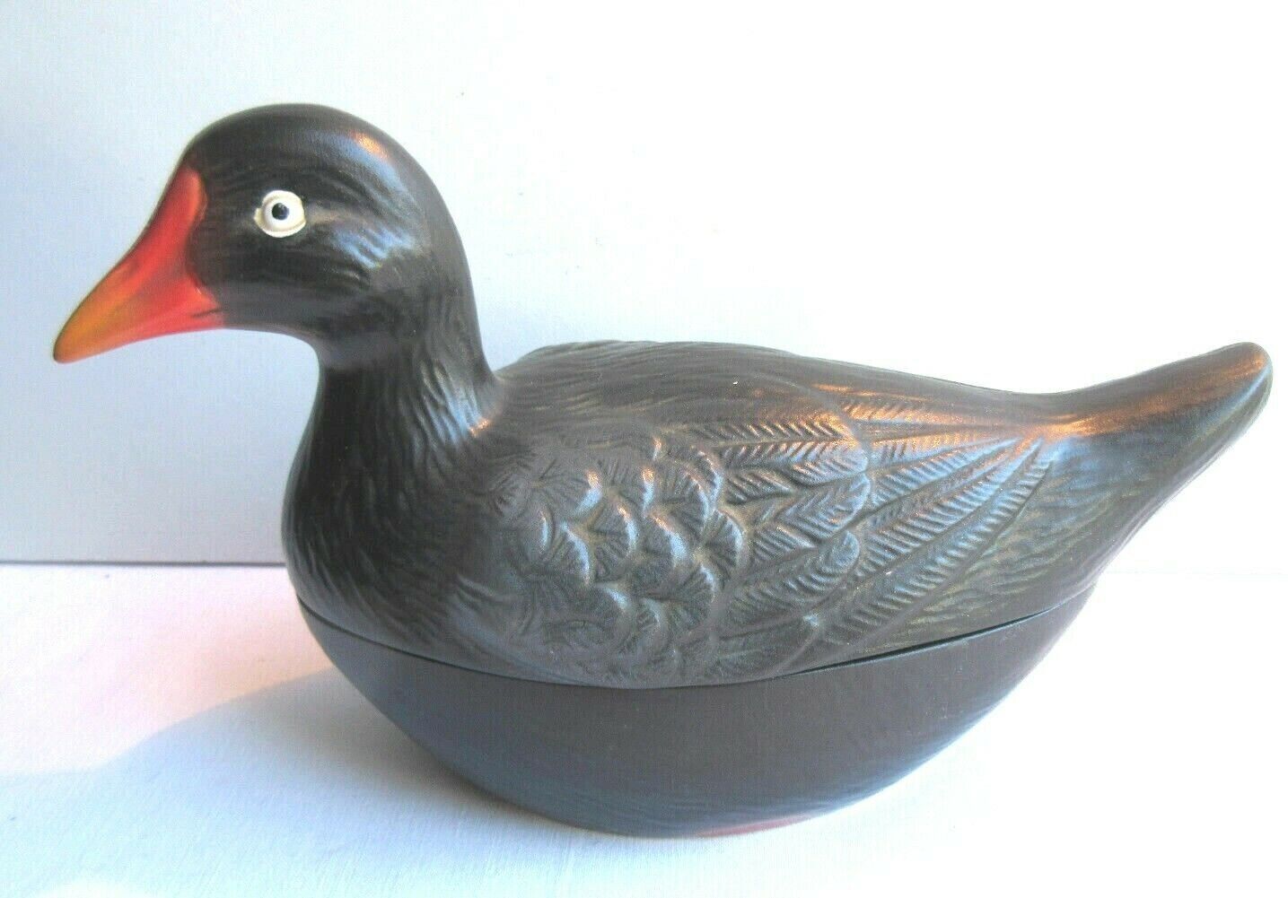 Old vintage terrine: blackened ceramic moorhen, CAUGANT production