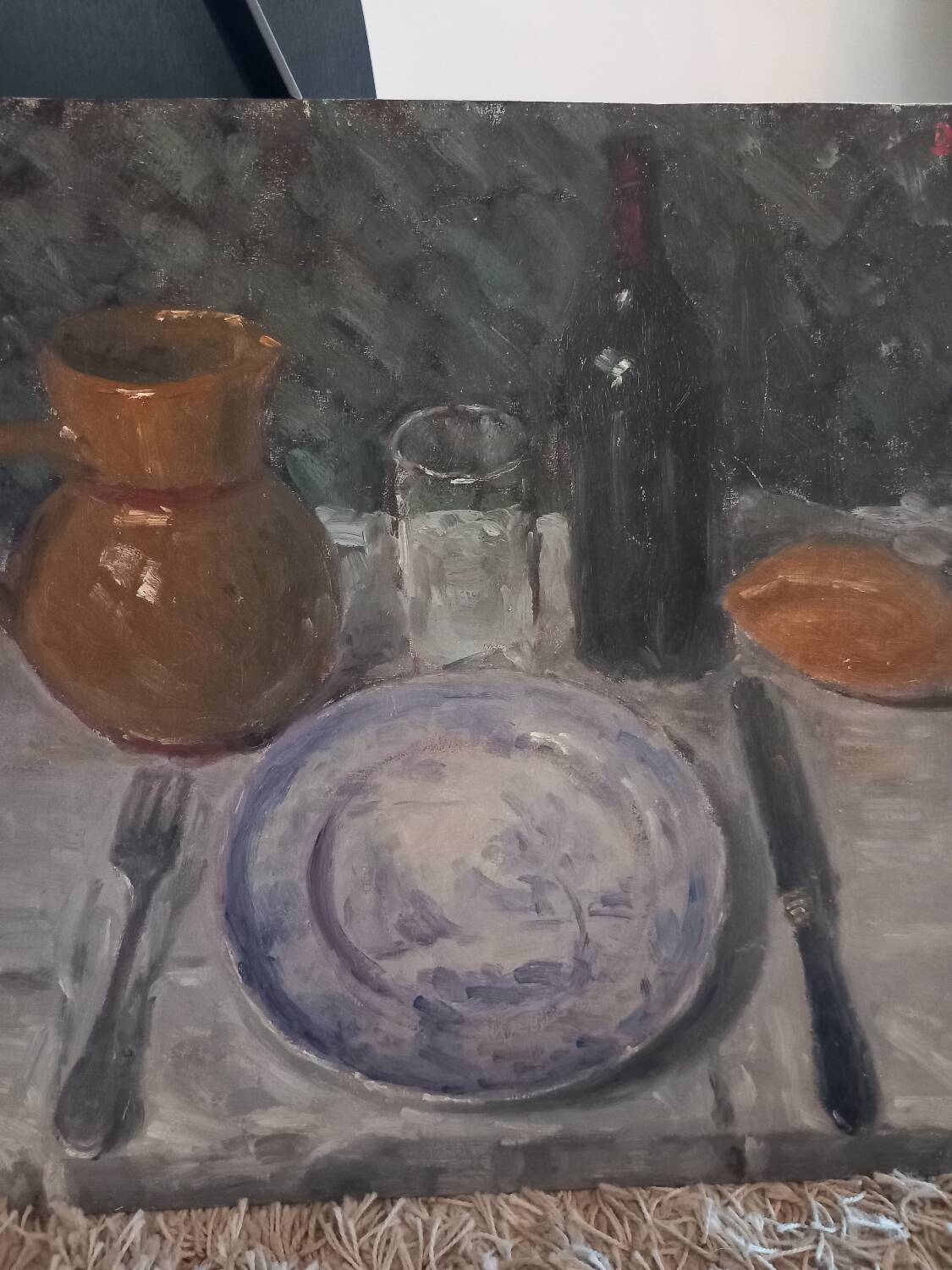 Oil painting. Still life with wine bottle