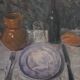 Oil painting. Still life with wine bottle