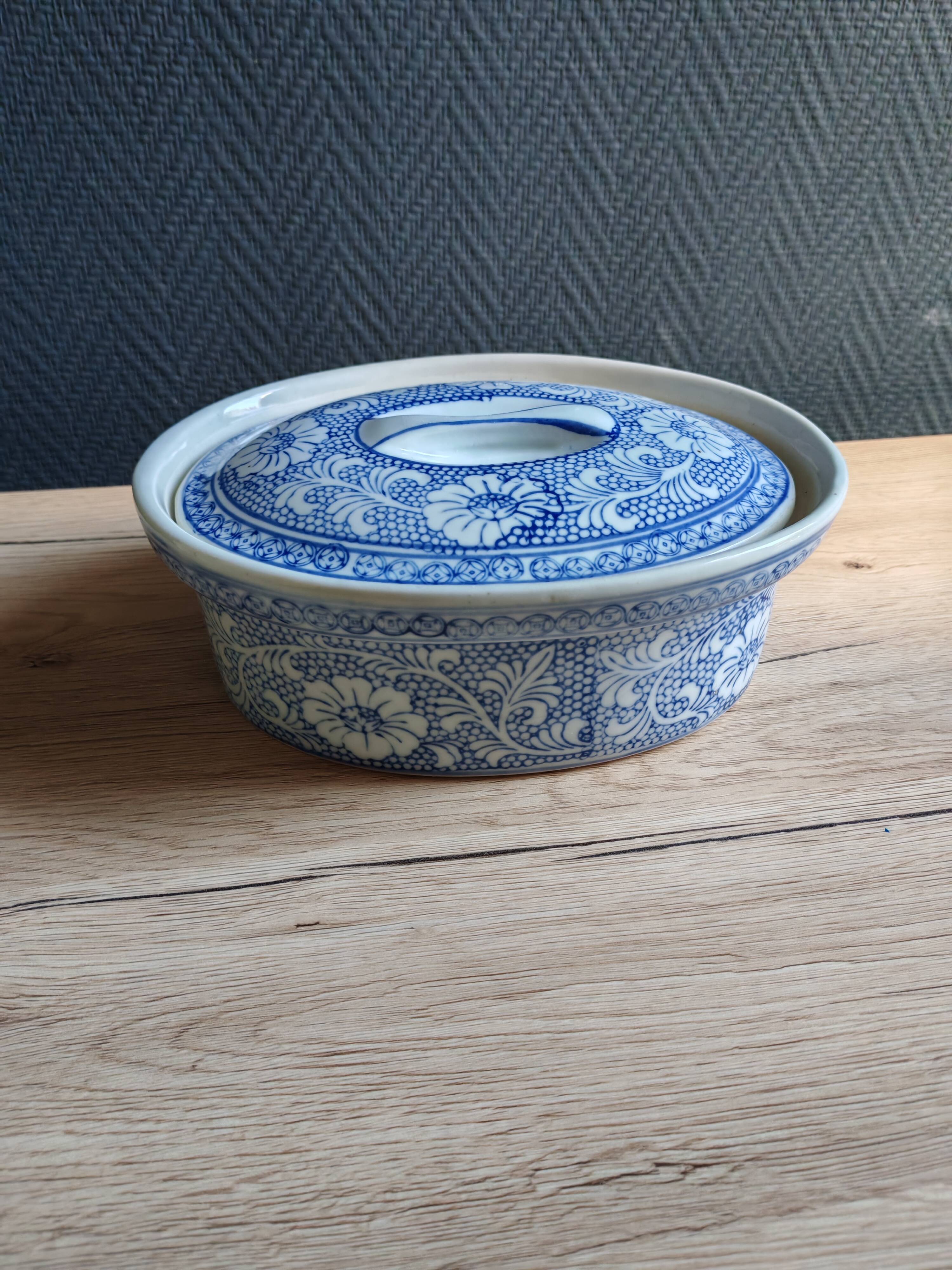 Oval Vintage Terrine in Blue and White Porcelain, Casserole with Lid