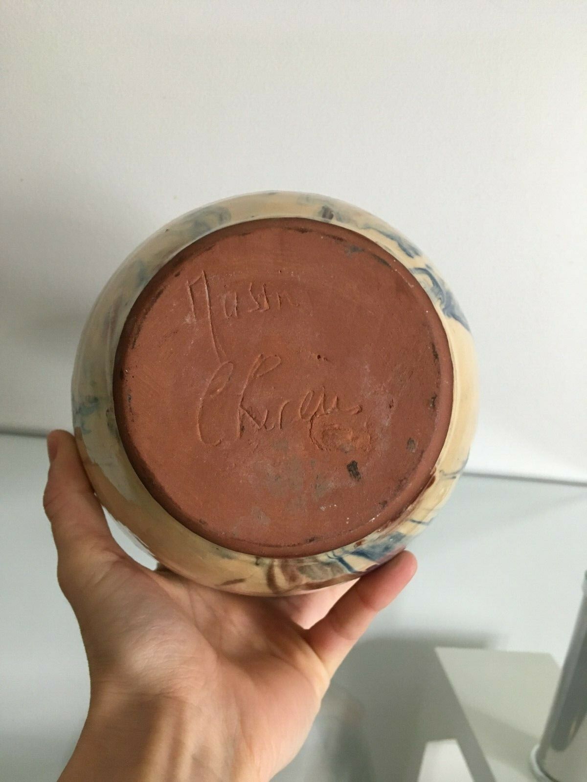 Incurvé signature enamelled terracotta flared neck vase