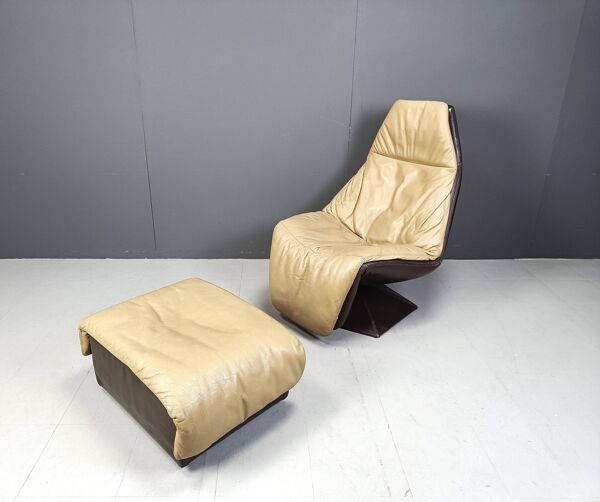 Fauteuil en cuir vintage pivotant avec repose-pieds, années 1970