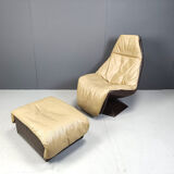 Vintage leather swivel chair with ottoman, 1970s