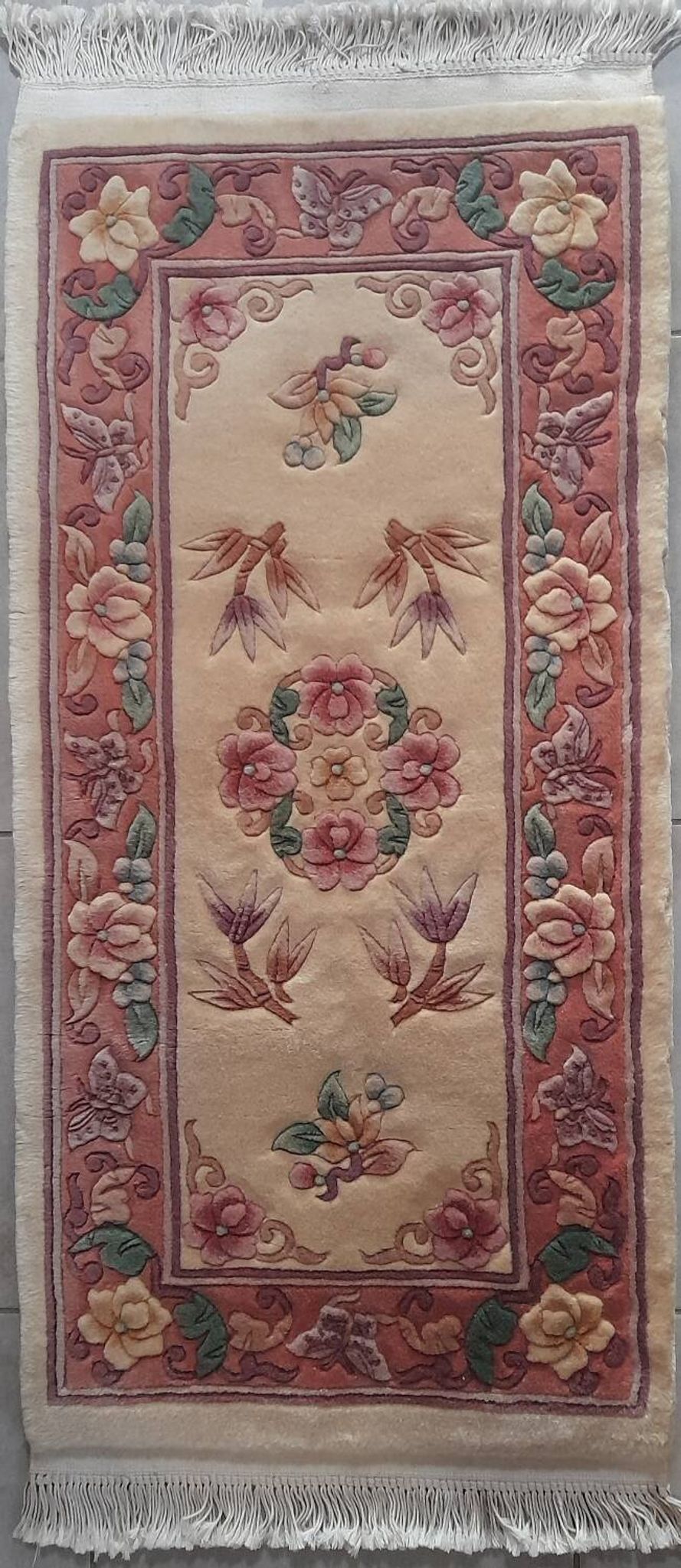 Vintage Chinese rug 120 x 60 cm with reliefs, Beijing flowers, handmade.