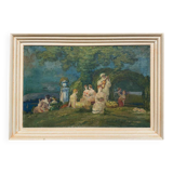 Claudius denis (1878-1947): large oil painting on canvas depicting a lively gallant scene