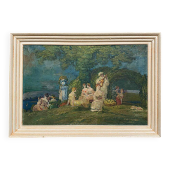 Claudius denis (1878-1947): large oil painting on canvas depicting a lively gallant scene