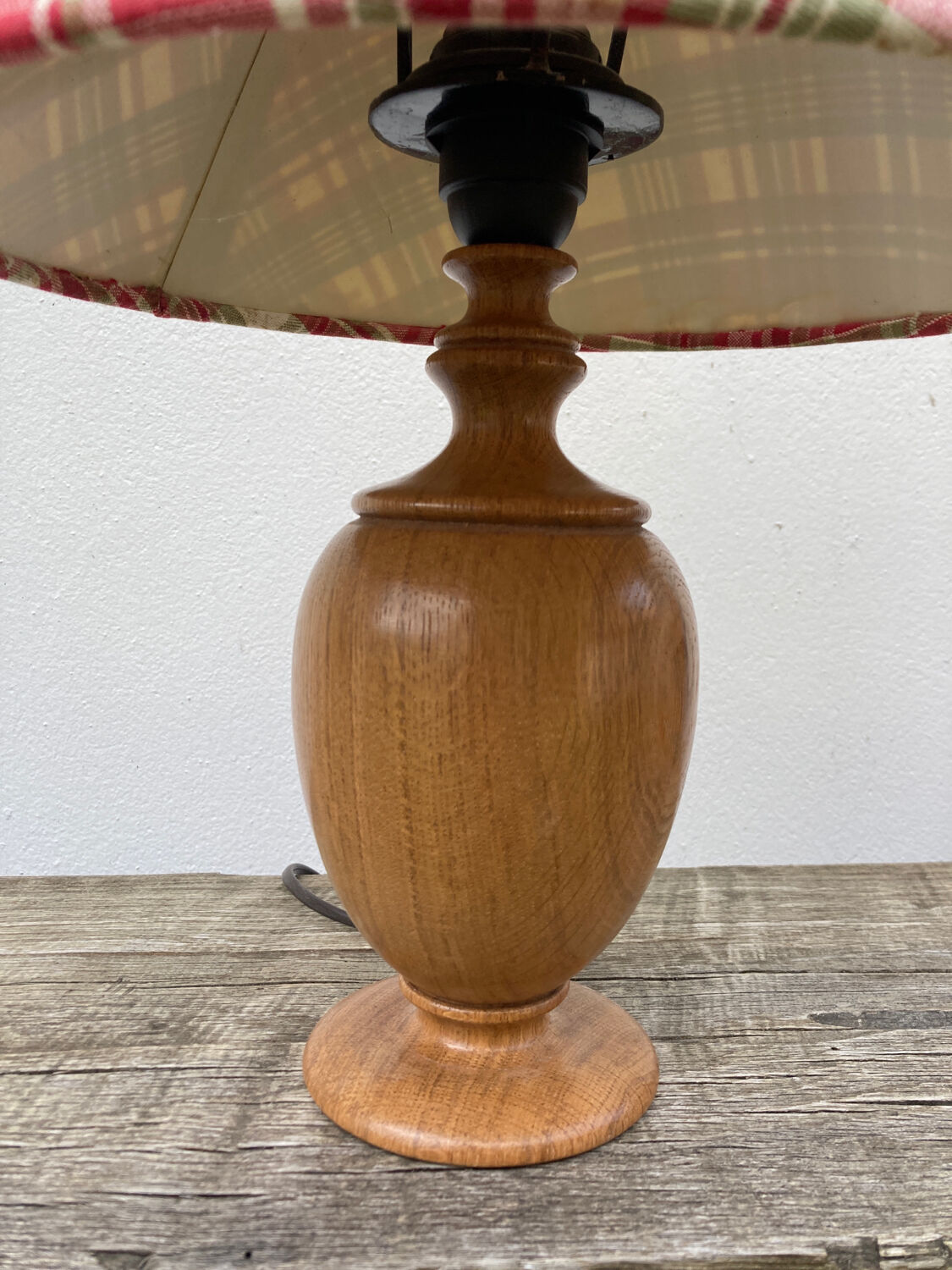 Wooden lamp and vintage red and green striped lampshade