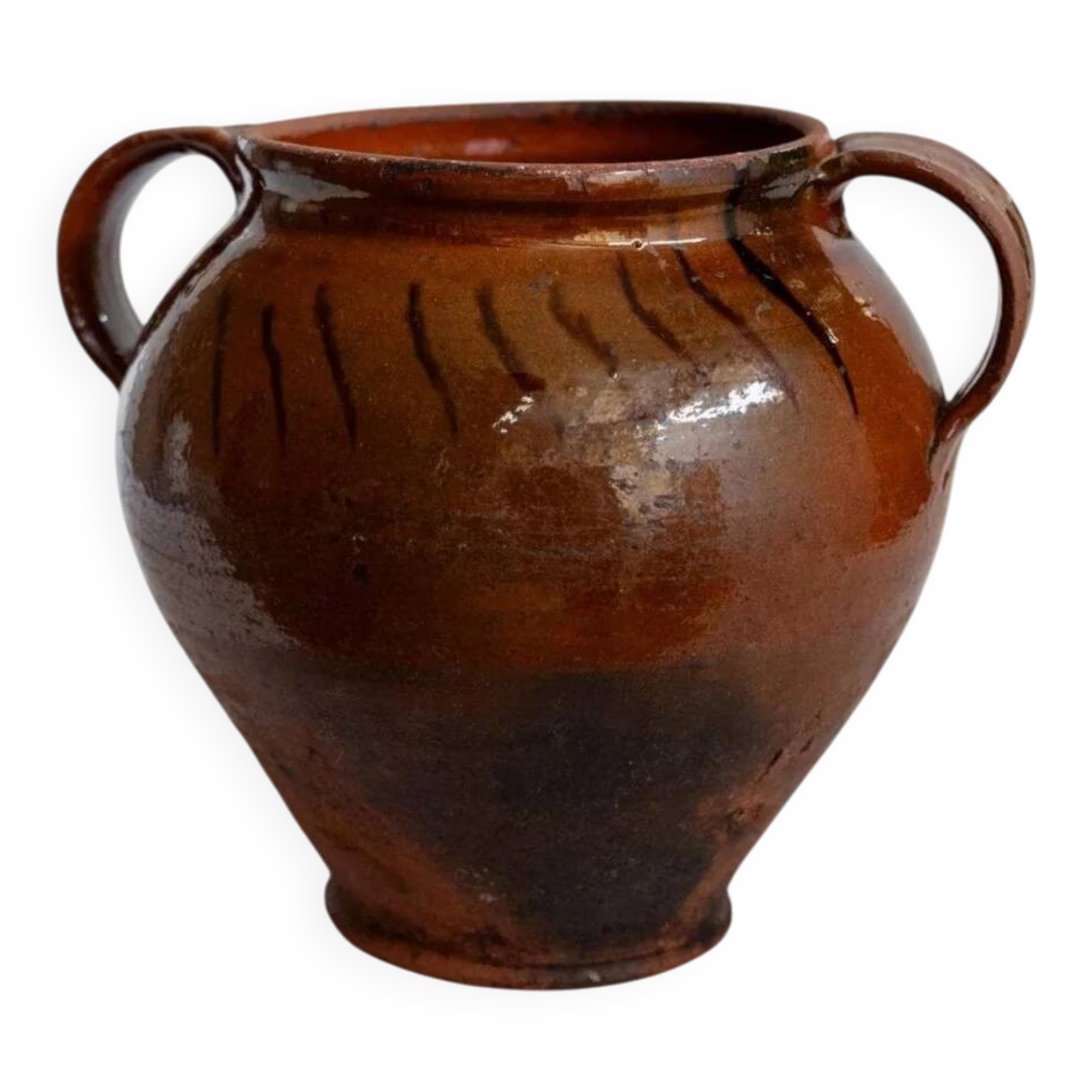 Pot à confit ancien rustique en céramique avec anses - Italie XIXe siècle - vase idéal pour une décoration de cuisine campagne, idée cadeau