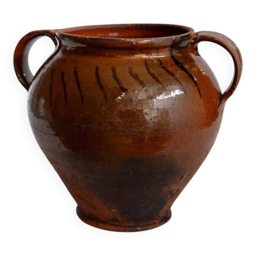 Pot à confit ancien rustique en céramique avec anses - Italie XIXe siècle - vase idéal pour une décoration de cuisine campagne, idée cadeau