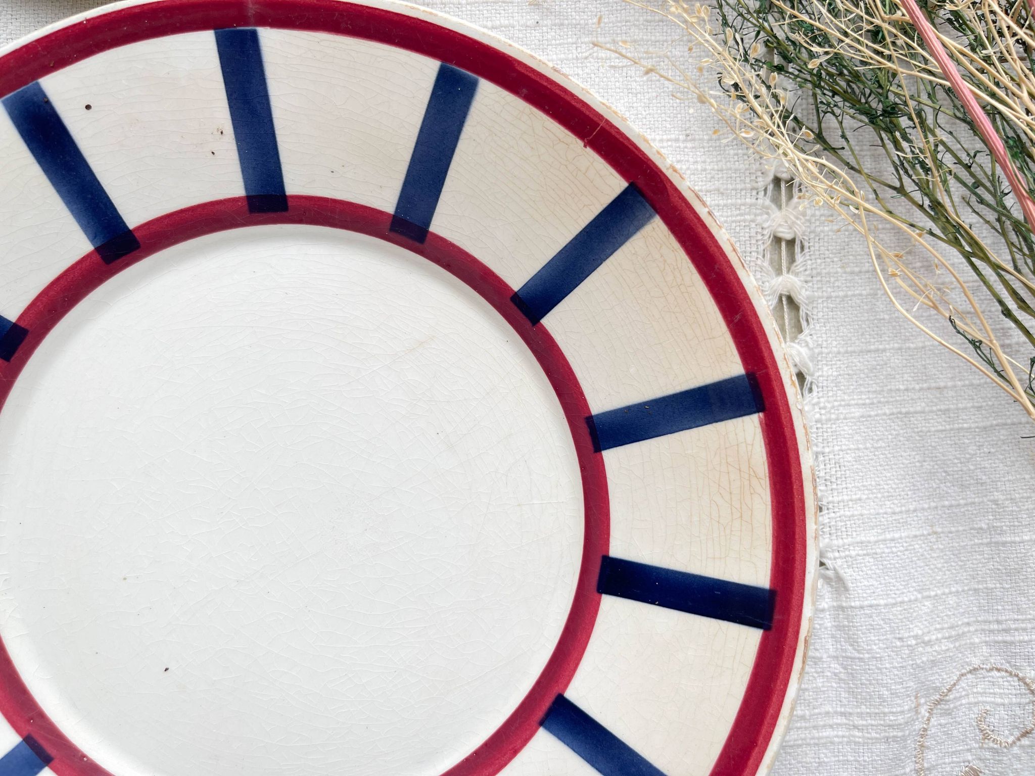 5 Small Vintage French Plates Terre de Fer HBCM Béarn blue and red stripes