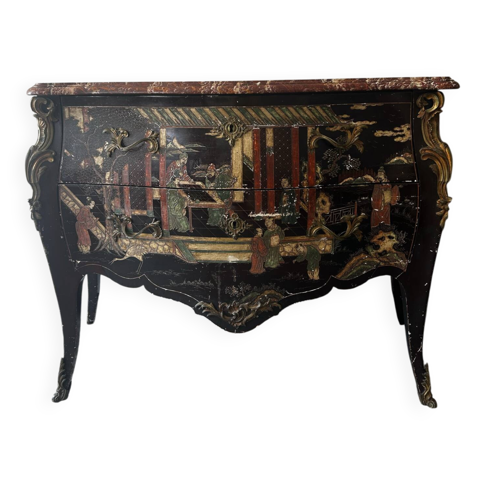 Louis XV style jump commode in Chinese lacquer, red marble