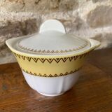 Sugar bowl or candy dish in white earthenware with yellow and gold frieze decoration