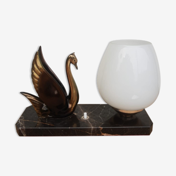 Lampe à poser art déco cygne et globe blanc socle marbre noir