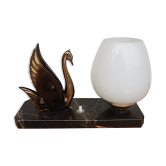 Art deco table lamp swan and white globe black marble base