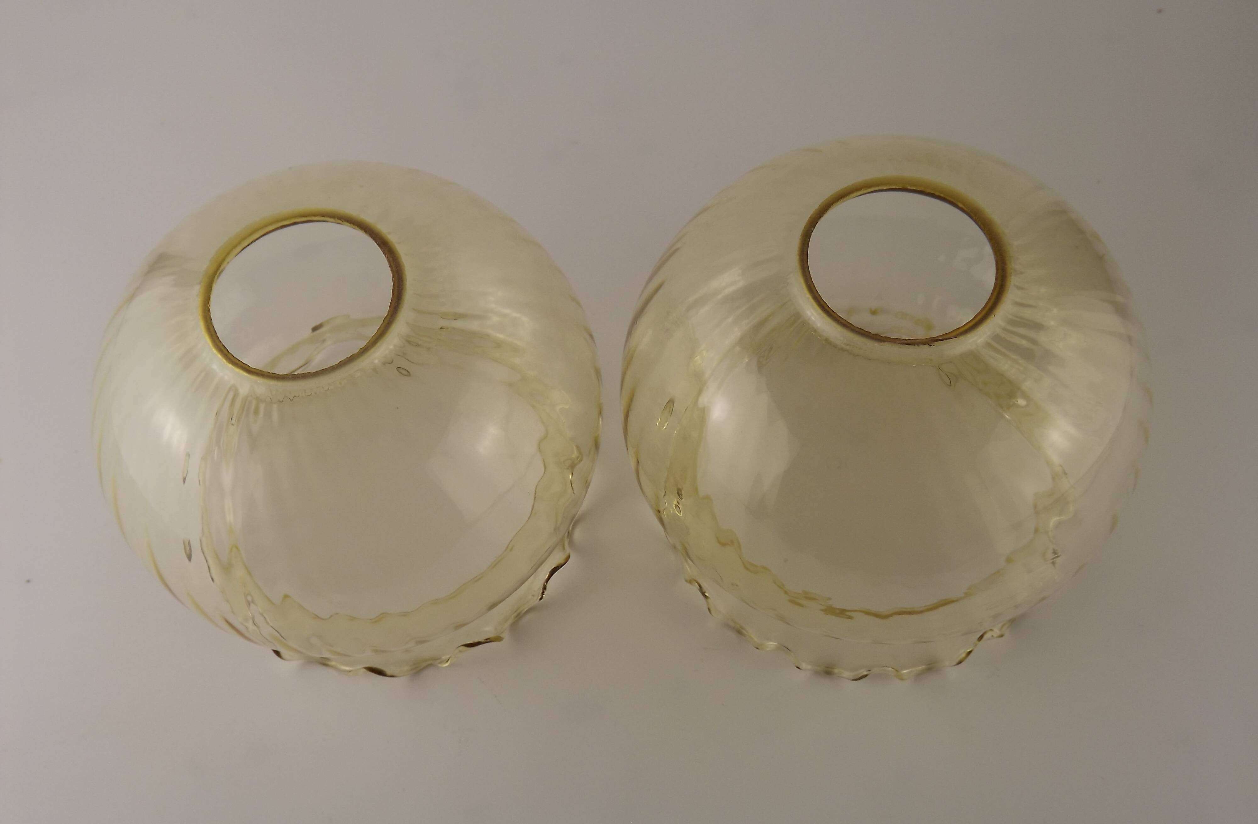 Set of 2 Vintage French Amber Ribbed Effect Glass Shades with Frilled Edge 5595