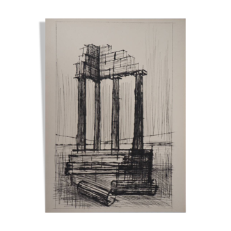 Bernard Buffet: Temple in ruins (Pompeii) - Original engraving
