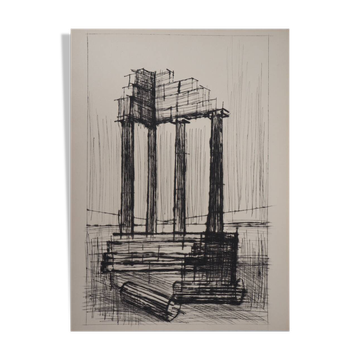 Bernard Buffet: Temple in ruins (Pompeii) - Original engraving