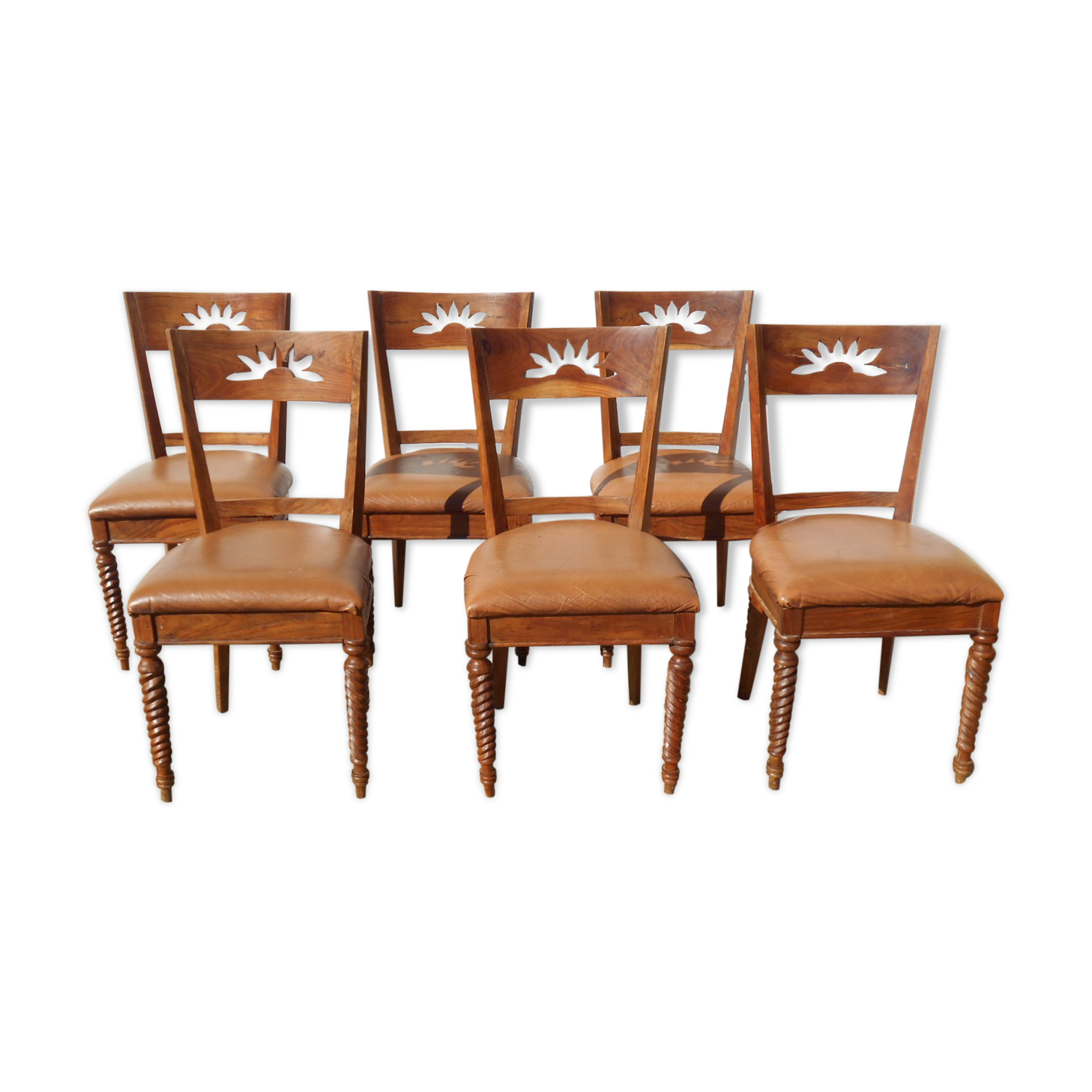 6 exotic wood and leather chairs,