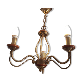 Chandelier wood and brass 3 branches