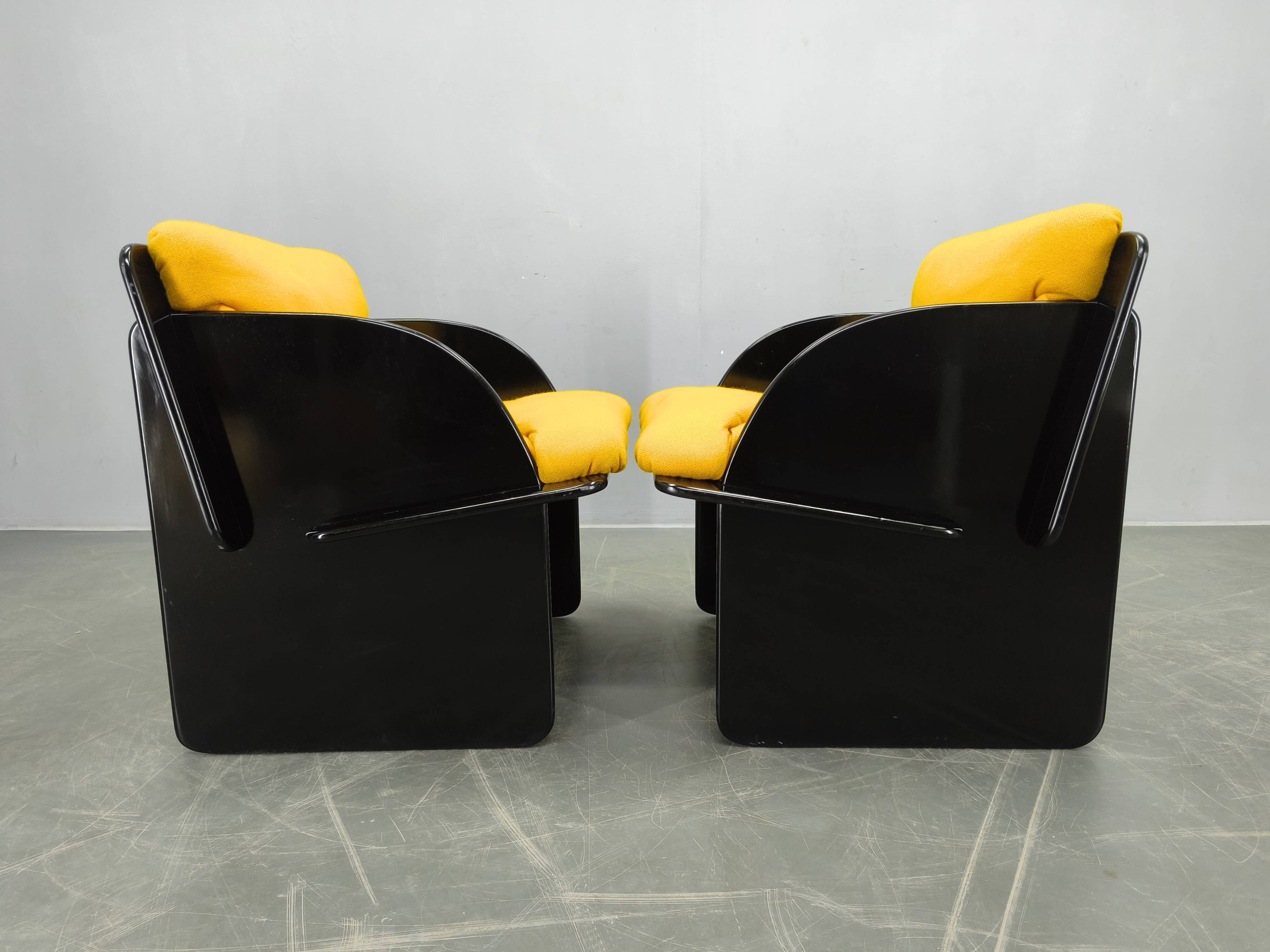 Pair of Italian Space Age Armchairs, Black Lacquer, 1970s