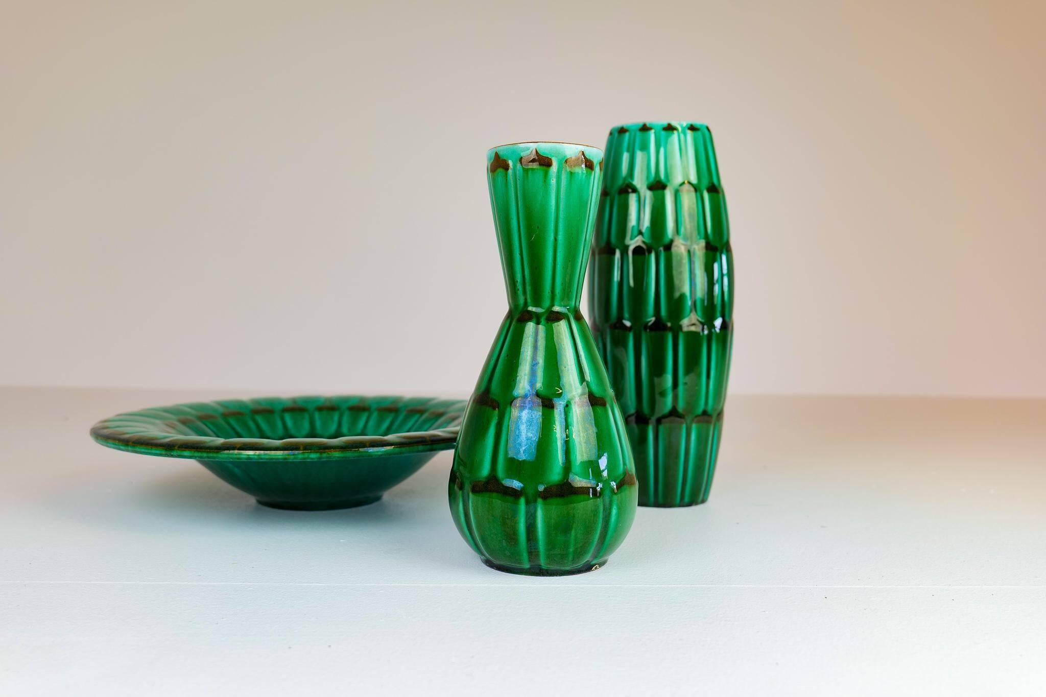 Large Green Midcentury Ceramic Vases and Upsala Ekeby "Capri" Bowl/Tray from the 1950s