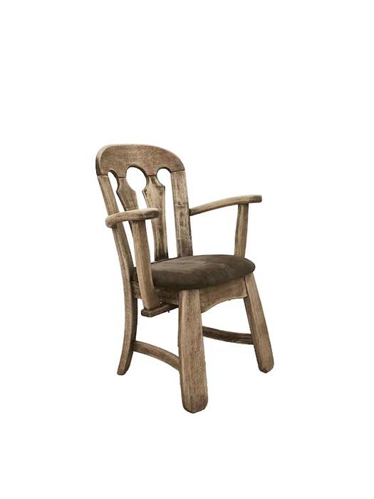 Dutch brutalist solid oak armchair with reupholstered leather seat, 1970s