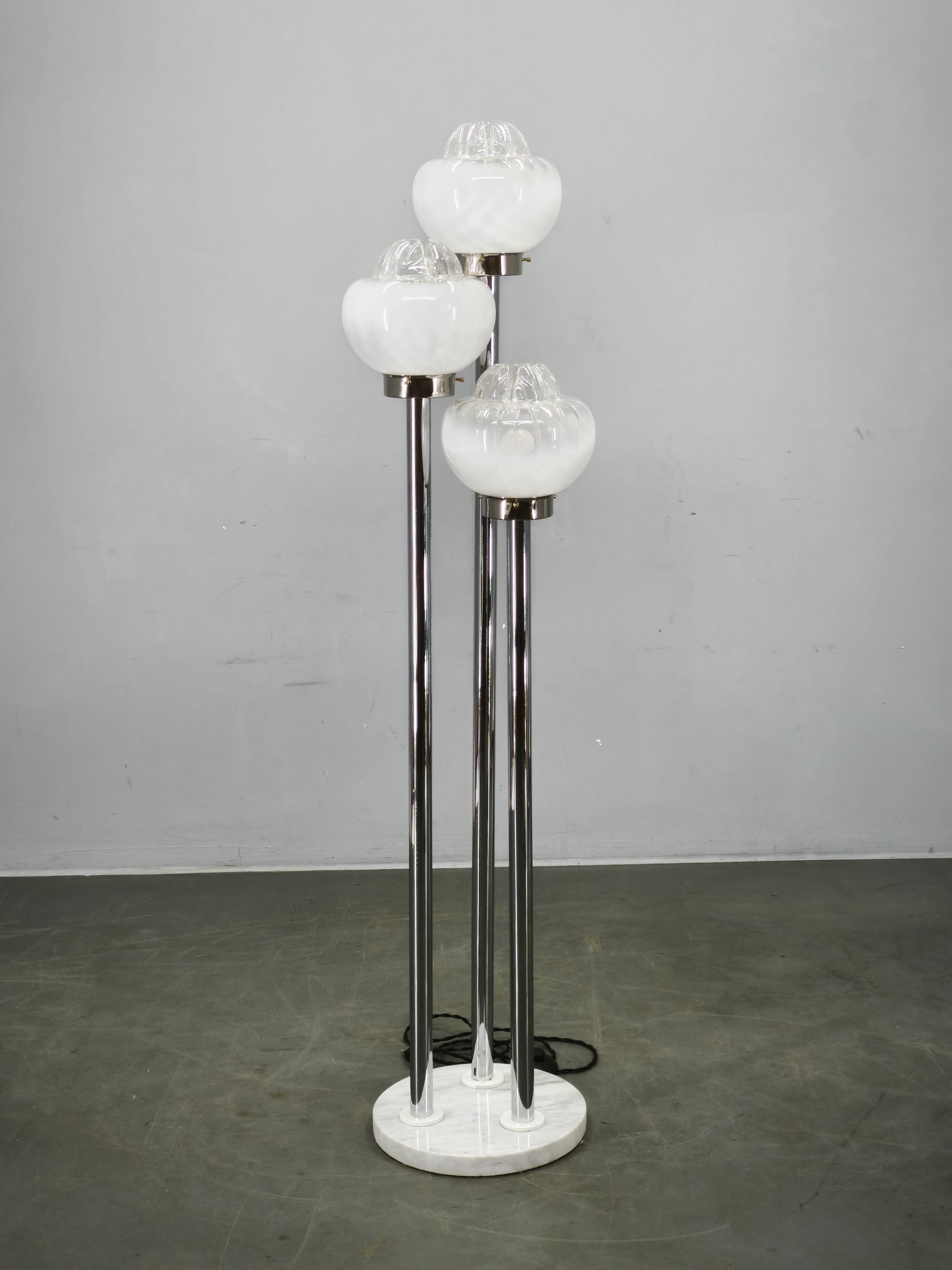 1970s Italian Murano Glass, Chrome and Marble Three-Light Floor Lamp