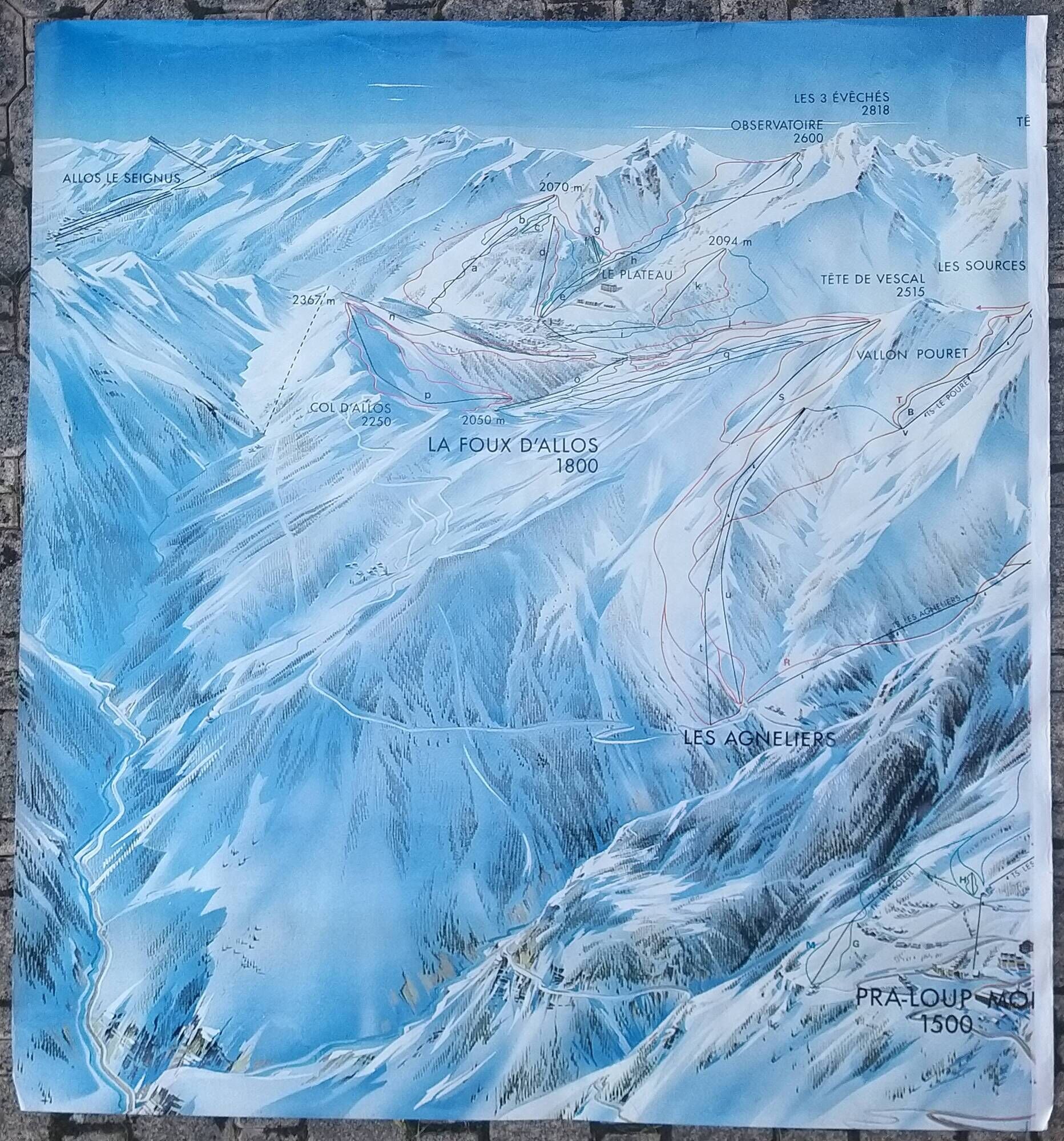 Affiche de pra-loup (ubaye-provence)- plan des pistes de ski par pierre novat (1988)