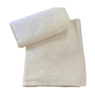 Two old tea towels damask cotton monogram L P.