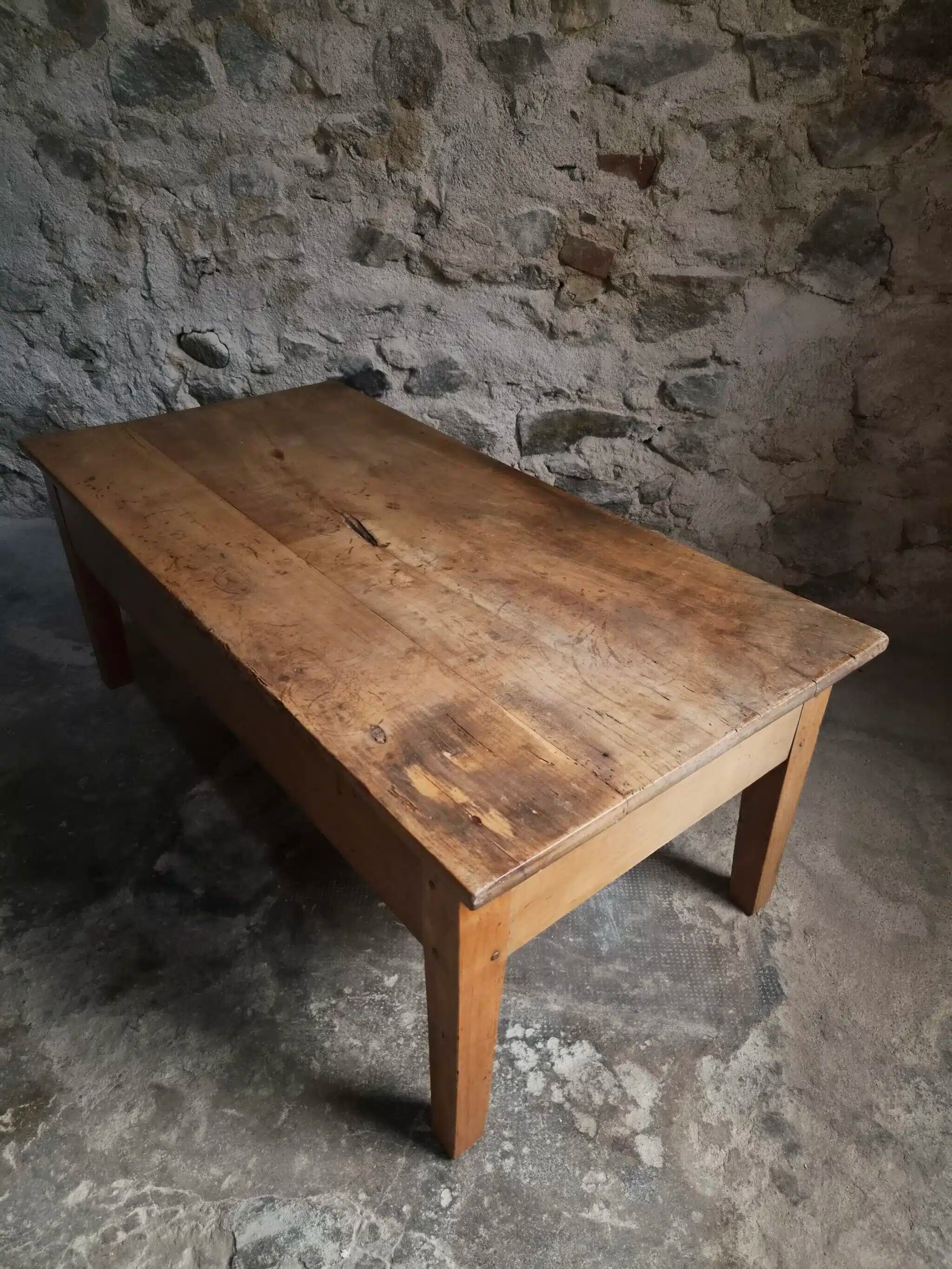 Antique French coffee table, 18th-century cherry farmhouse table with a drawer.