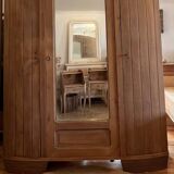 Large antique art deco wardrobe in raw solid oak