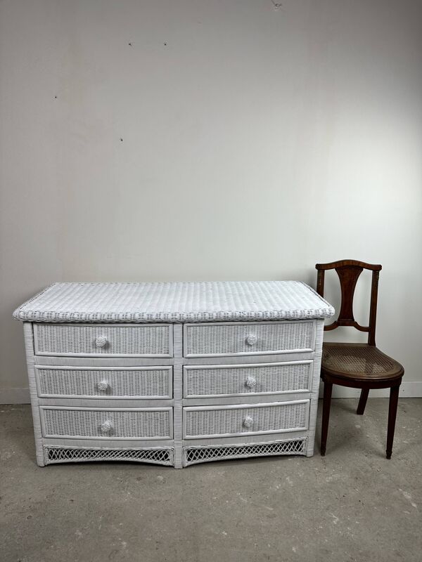 Commode galbée en rotin tressé blanc 1980'S