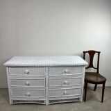 Commode galbée en rotin tressé blanc 1980'S