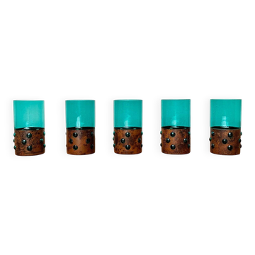 Drinking glasses in green glass and copper in mid-century style by Nanny Still, 1960s, set of 5.