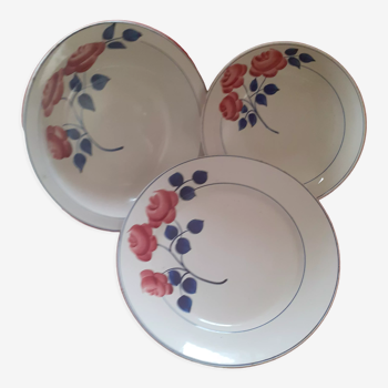 3 round dishes, hand-painted, hbcm, red décor