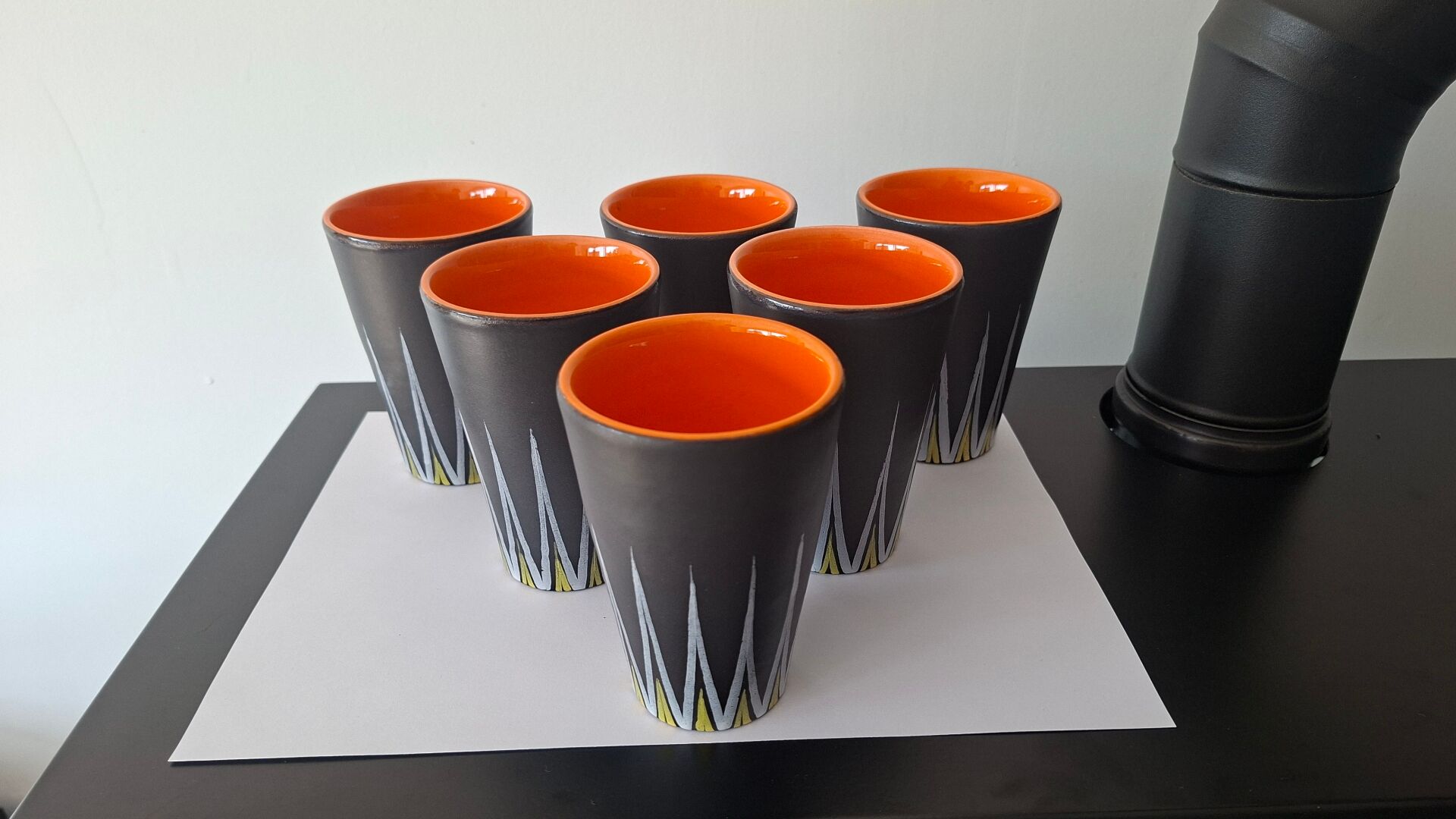 Six Orange and Black Ceramic Vases Vallauris André Baud