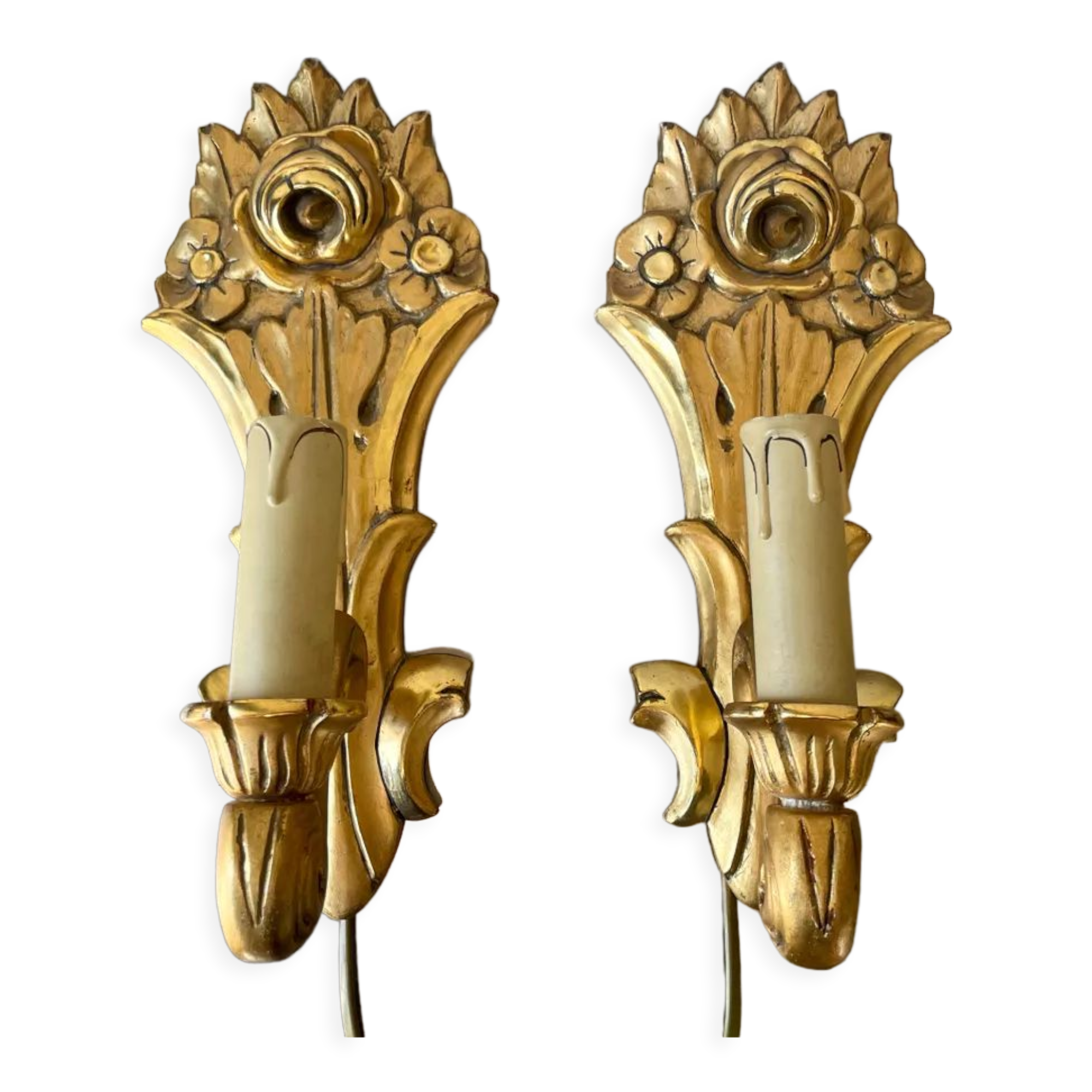 Pair of vintage gilded wood electric wall sconces