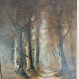 huile sur toile ancadrée XXème Chemin en sous bois