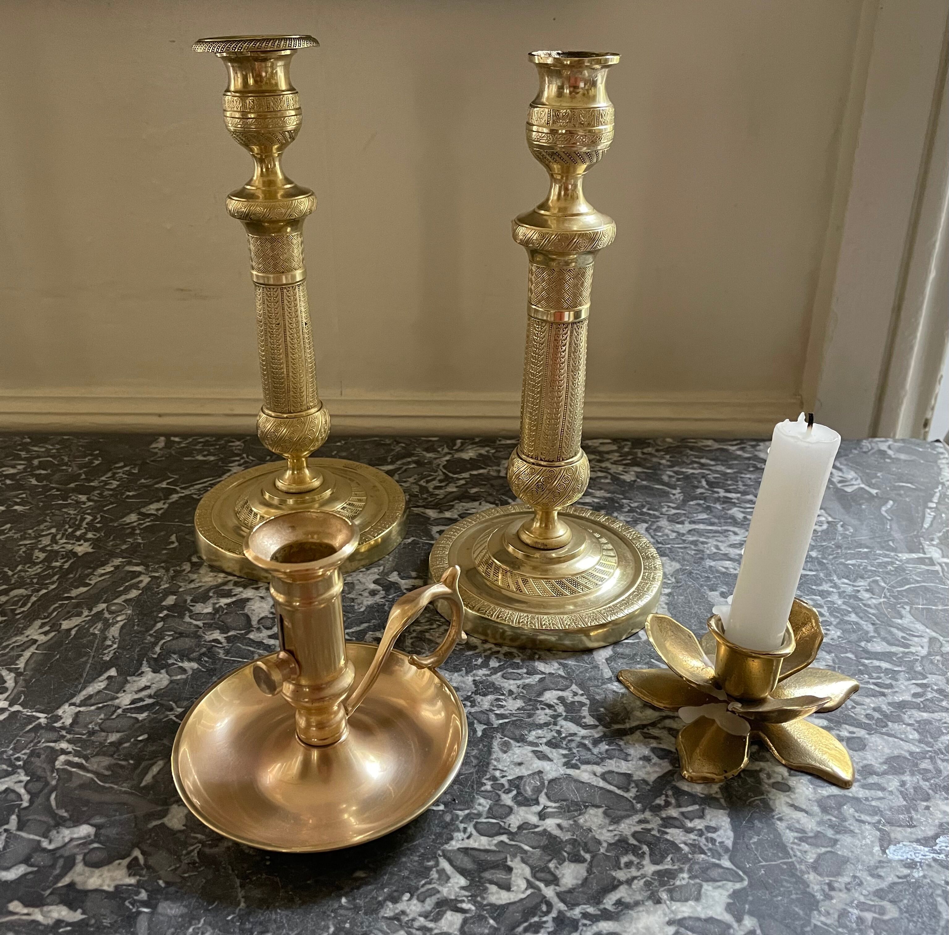 Pair of torch candle holders in chiseled gilded bronze XIXEME
