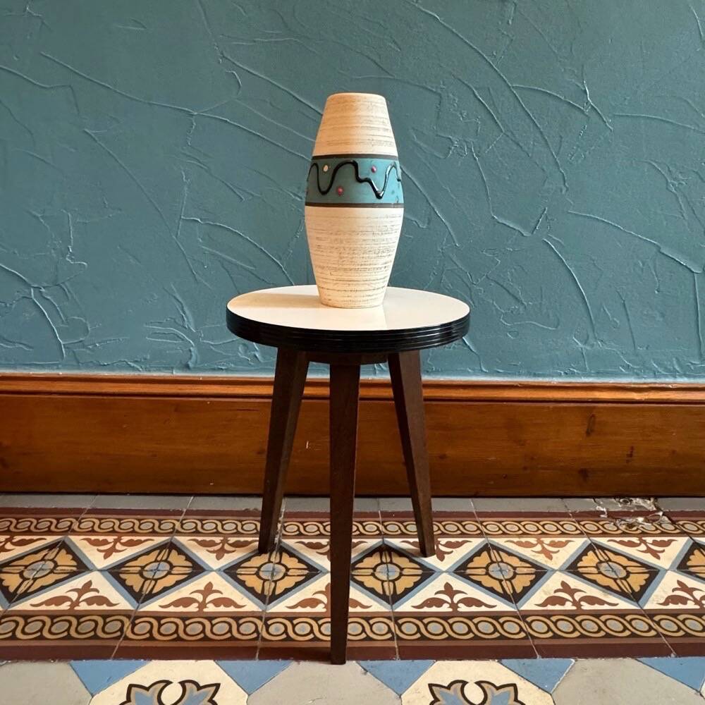 Tripod pedestal table with white top and spindle legs, 50s