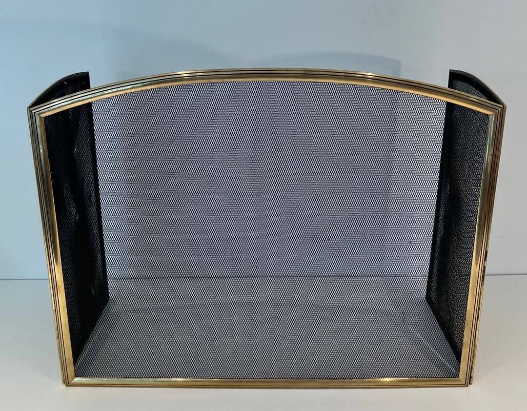 Three-Panel Neoclassical Fire Screen with Wire Mesh and Brass Frame