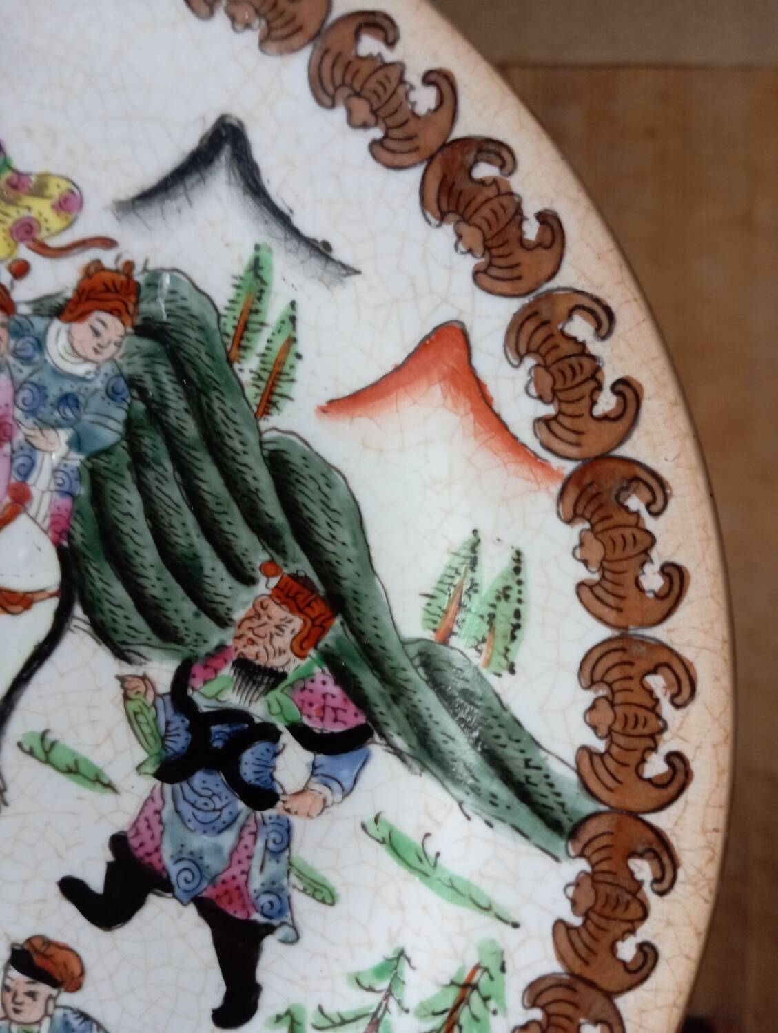 Antique Asian polychrome porcelain plate, hunting scene