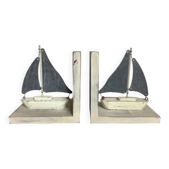 Pair of wooden metal sailboat bookends