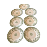 7 dessert plates and a cake dish