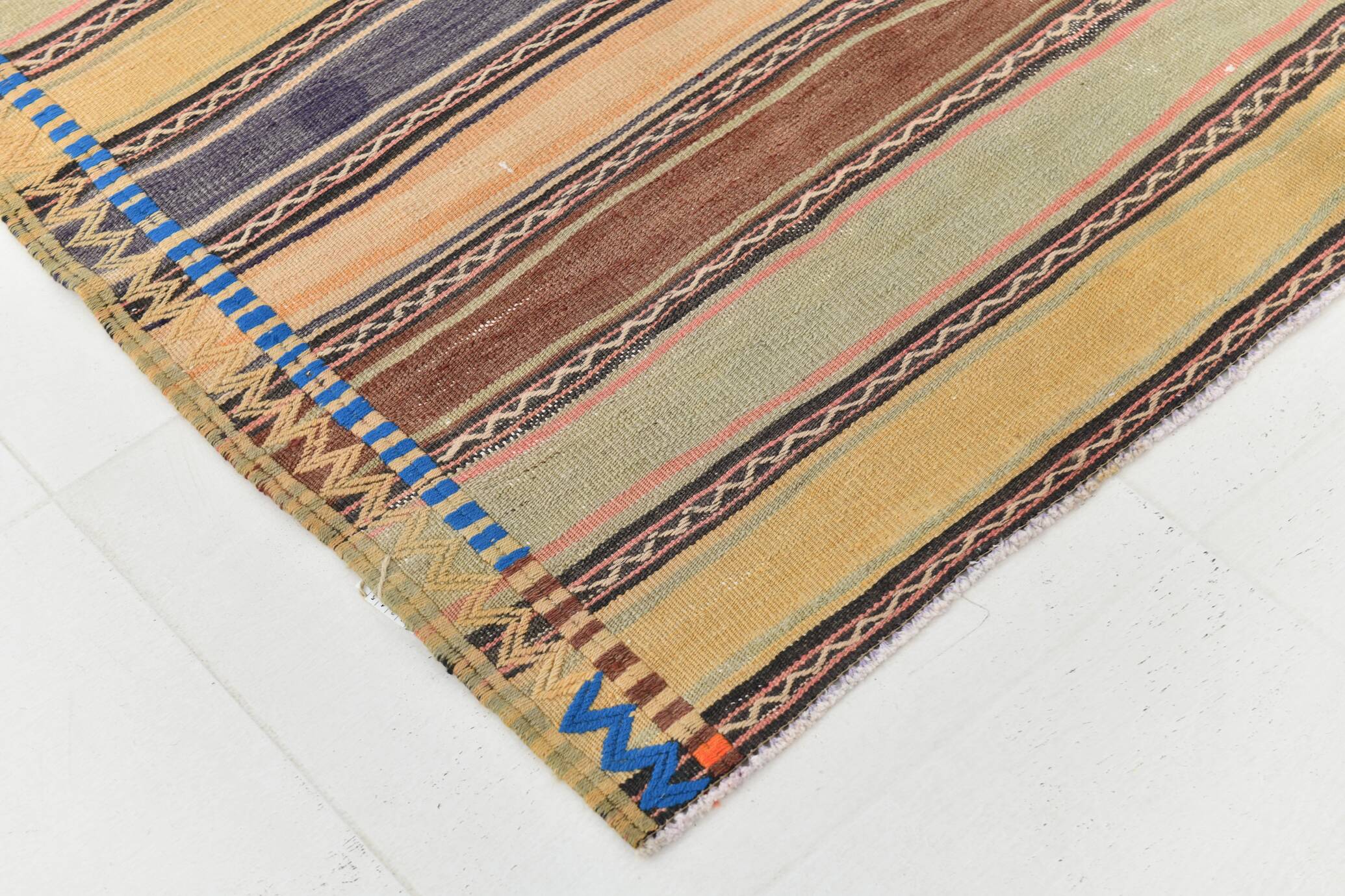 Yellow & Brown Striped Kilim Rug, Turkis Kilim Rug, 152x271Cm