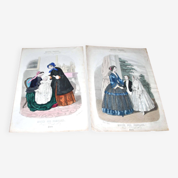 Lot de 2 gravures anciennes Mode Belle époque 1850 "Modes Vraies - Musée des familles" XIXe Siècle