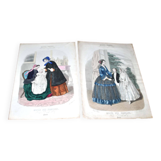 Lot of 2 old engravings Fashion Belle Epoque 1850 "Modes Vraies - Musée des famille" 19th Century